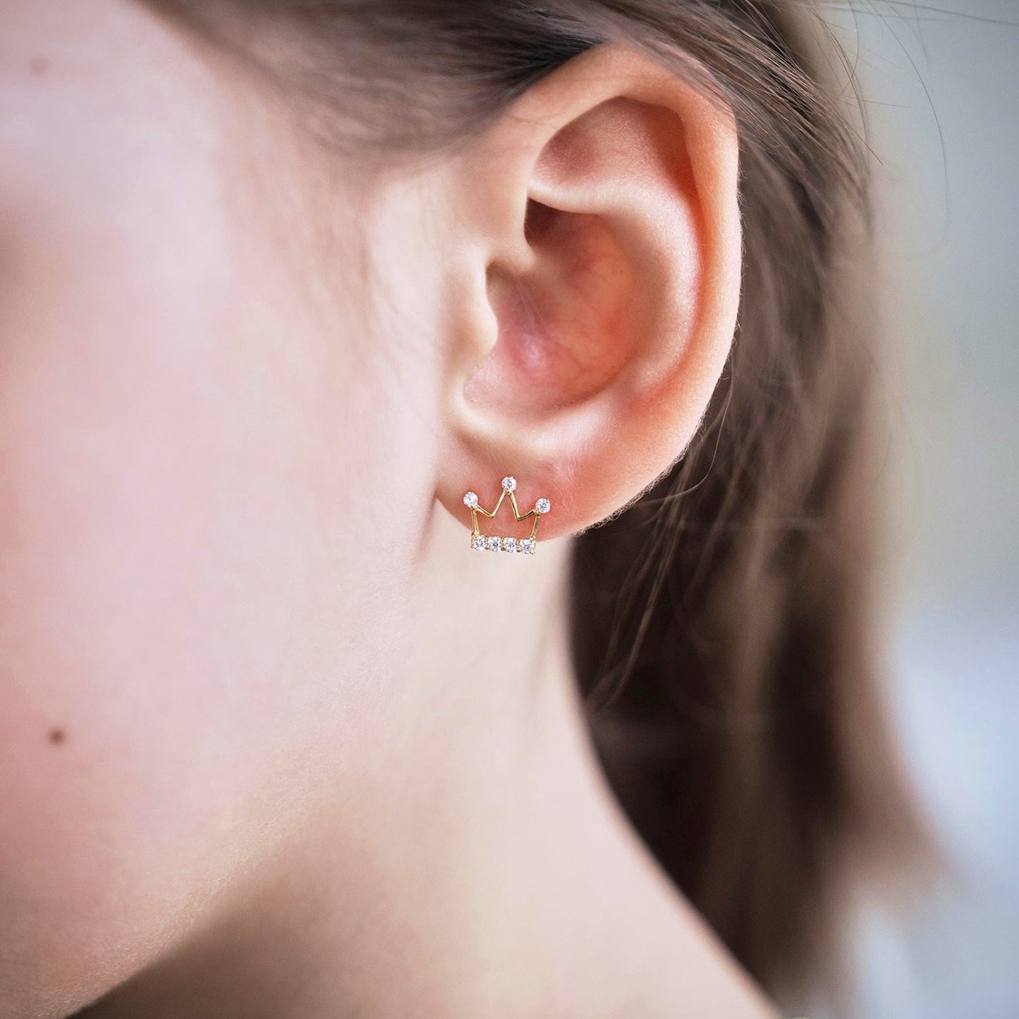 Kids 14K Real Gold Ruby Pink Tourmaline Zircon Crown Stud Screwback Earrings