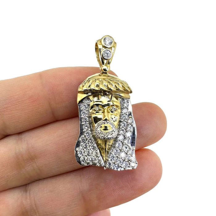 10k Solid Two-Tone Gold CZ Jesus Head Pendant 1.5"