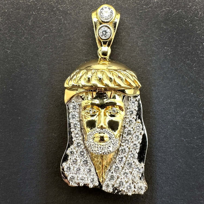 10k Solid Two-Tone Gold CZ Jesus Head Pendant 1.5"