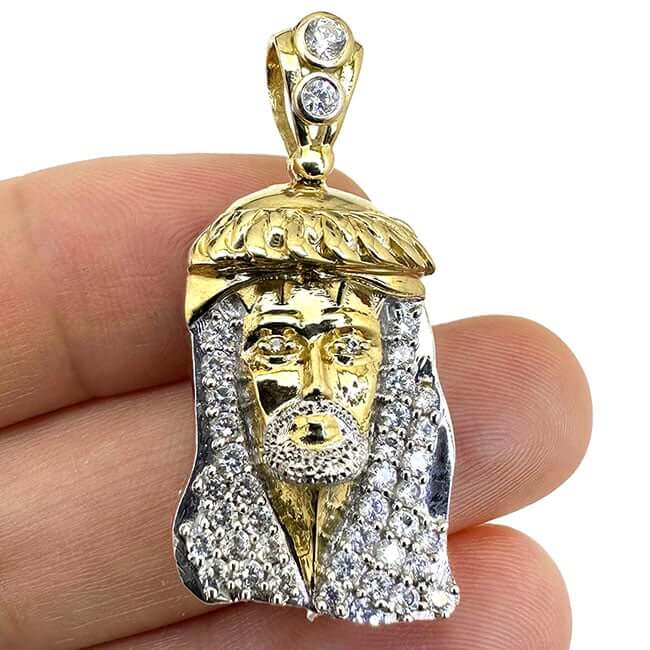 10k Solid Two-Tone Gold CZ Jesus Head Pendant 1.5"