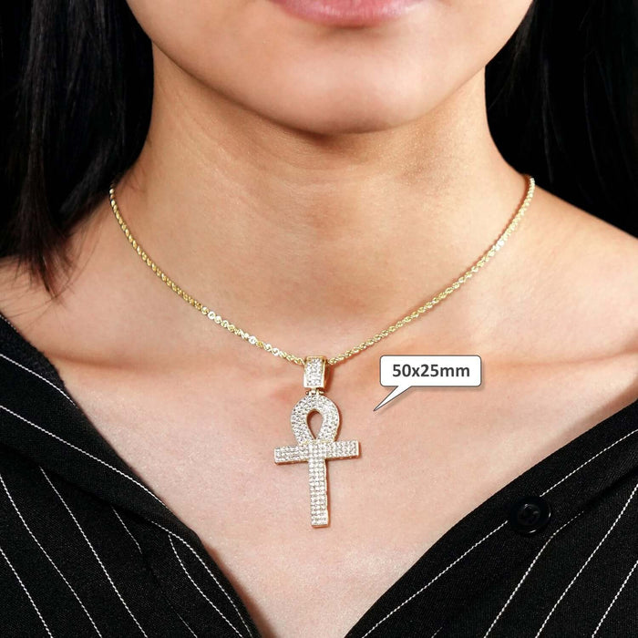 14K Yellow Gold CZ Egyptian Ankh Cross Pendant 2"-2.8"