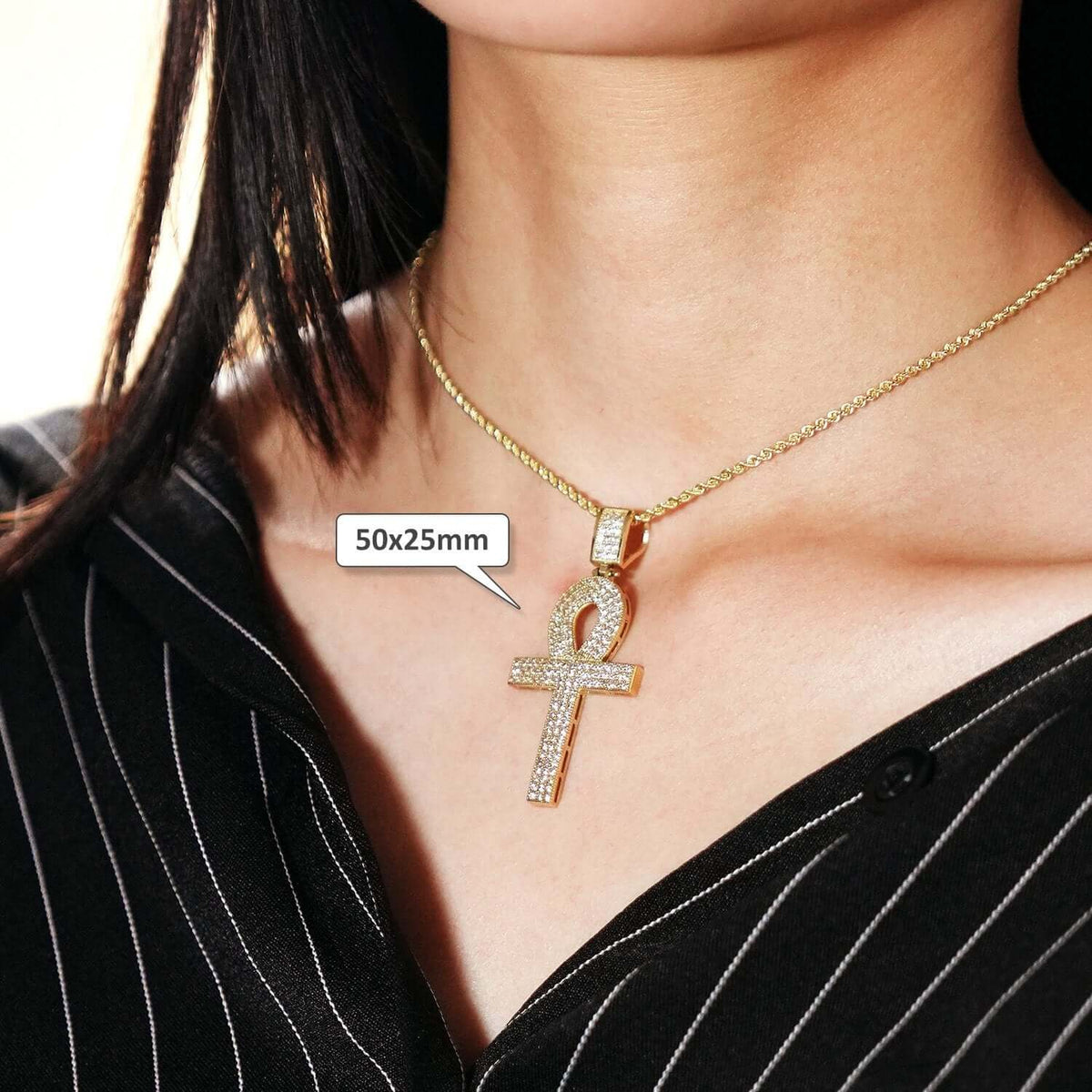 14K Yellow Gold CZ Egyptian Ankh Cross Pendant 2"-2.8"