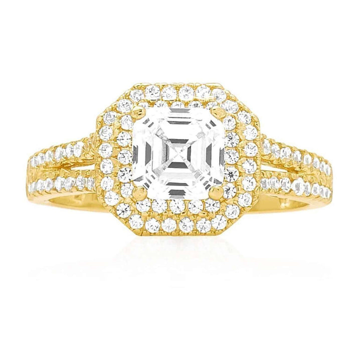 2Ct CZ Asscher-Cut Halo 14K Yellow Gold Prong Engagement Ring