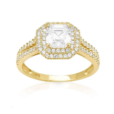 2Ct CZ Asscher-Cut Halo 14K Yellow Gold Prong Engagement Ring