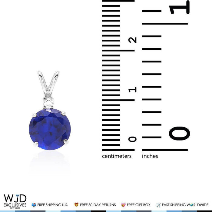 2Ct CZ & Blue Sapphire Solitaire Pendant 14k White Gold
