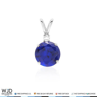 2Ct CZ & Blue Sapphire Solitaire Pendant 14k White Gold