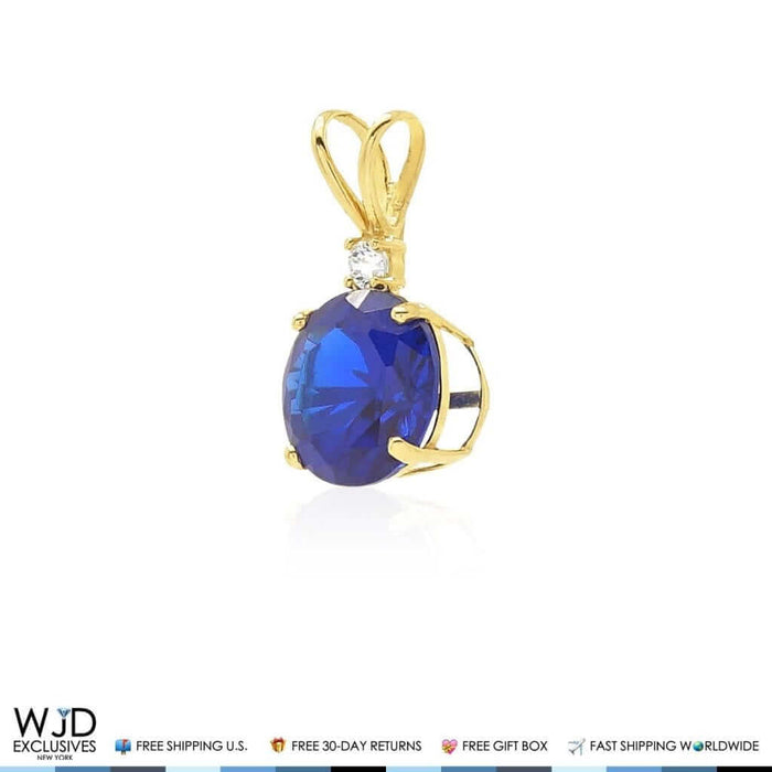 2Ct CZ And Blue Sapphire Solitaire Pendant 14k Yellow Gold
