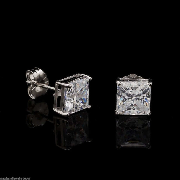 2CTW CZ Princess-Cut Solitaire Stud Earrings 14K White Gold 6mm