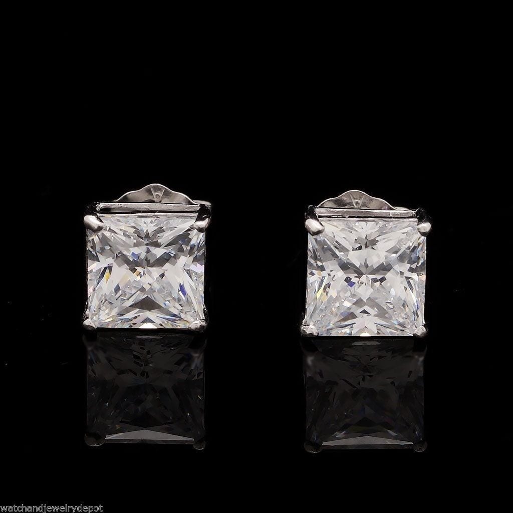 2CTW CZ Princess Cut Solitaire Stud Earrings 14K White Gold 6mm