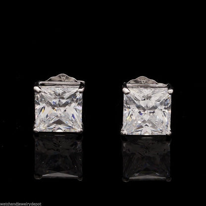 2CTW CZ Princess Cut Solitaire Stud Earrings 14K White Gold 6mm