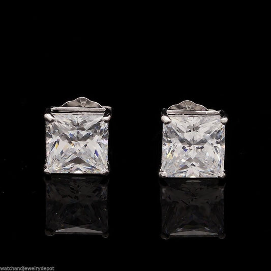 2CTW CZ Princess Cut Solitaire Stud Earrings 14K White Gold 6mm