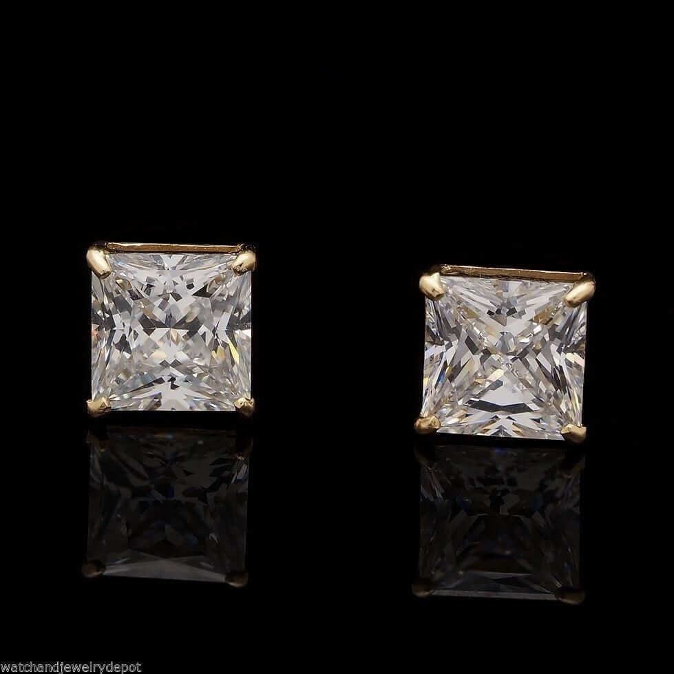 2CTW CZ 14K Yellow Gold Princess-Cut Solitaire Stud Earrings 6mm