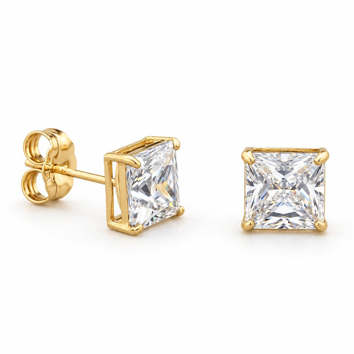 2CTW CZ 14K Yellow Gold Princess-Cut Solitaire Stud Earrings 6mm