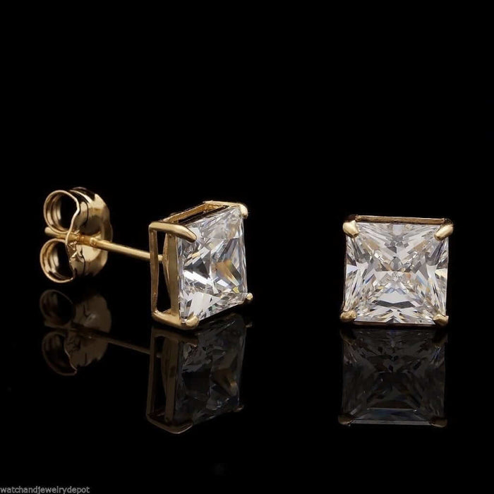 2CTW CZ 14K Yellow Gold Princess-Cut Solitaire Stud Earrings 6mm