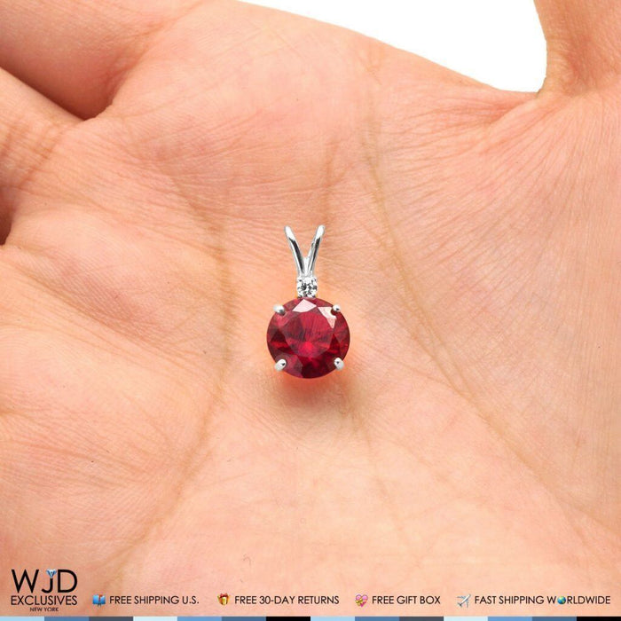 2Ct CZ & Ruby Solitaire Pendant 14K White Gold 0.6"