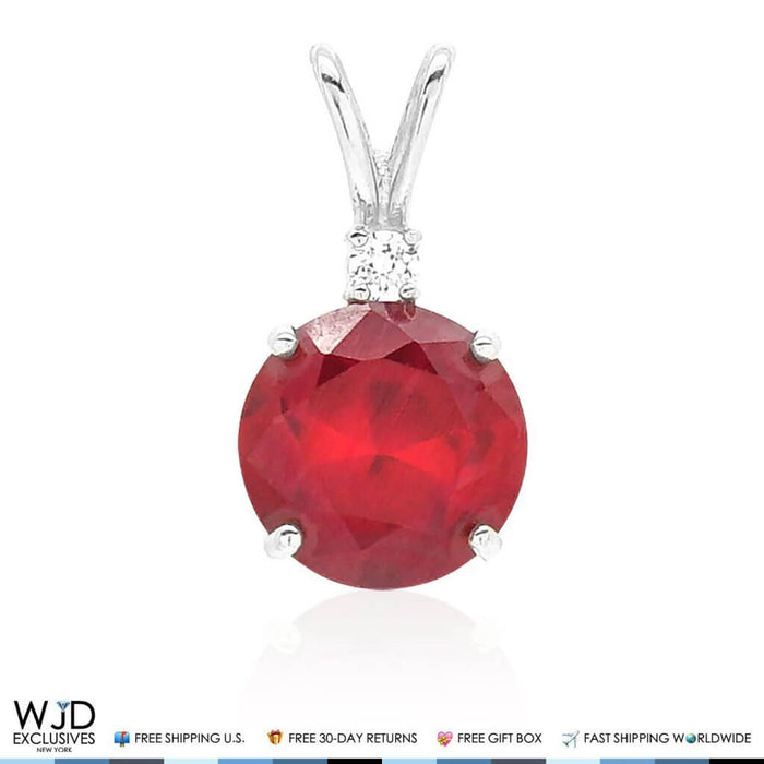 2Ct CZ & Ruby Solitaire Pendant 14K White Gold 0.6"
