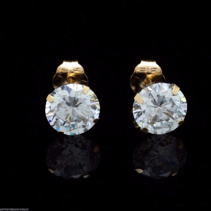 2Ct CZ Diamond-Cut 14K Yellow Gold Push Back Stud Earrings 6mm