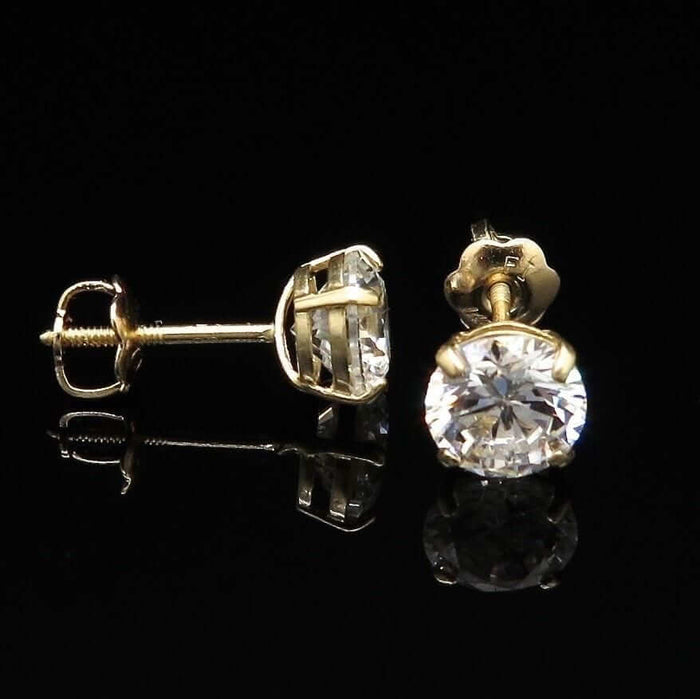 2CT CZ 14K Yellow Gold Round Brilliant Screw Back Earrings 6mm