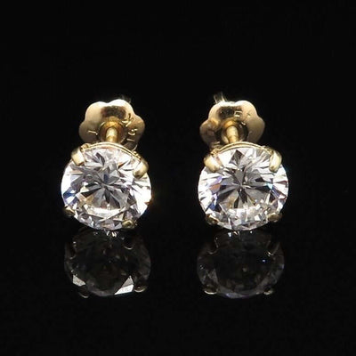2CT CZ 14K Yellow Gold Round Brilliant Screw Back Earrings 6mm