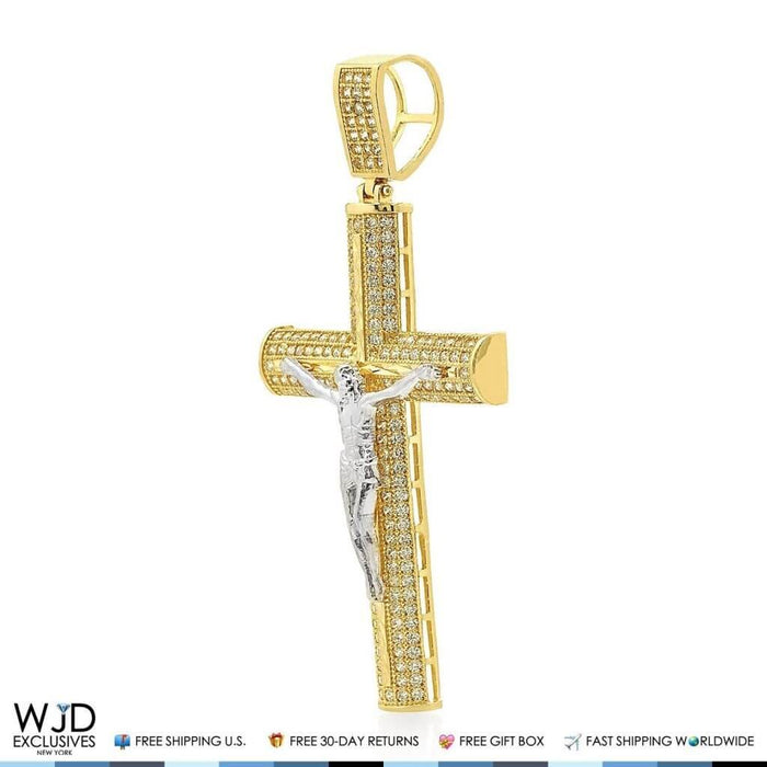 2Ct CZ Jesus Crucifix Cross Pendant Two-Tone Solid 14K Gold