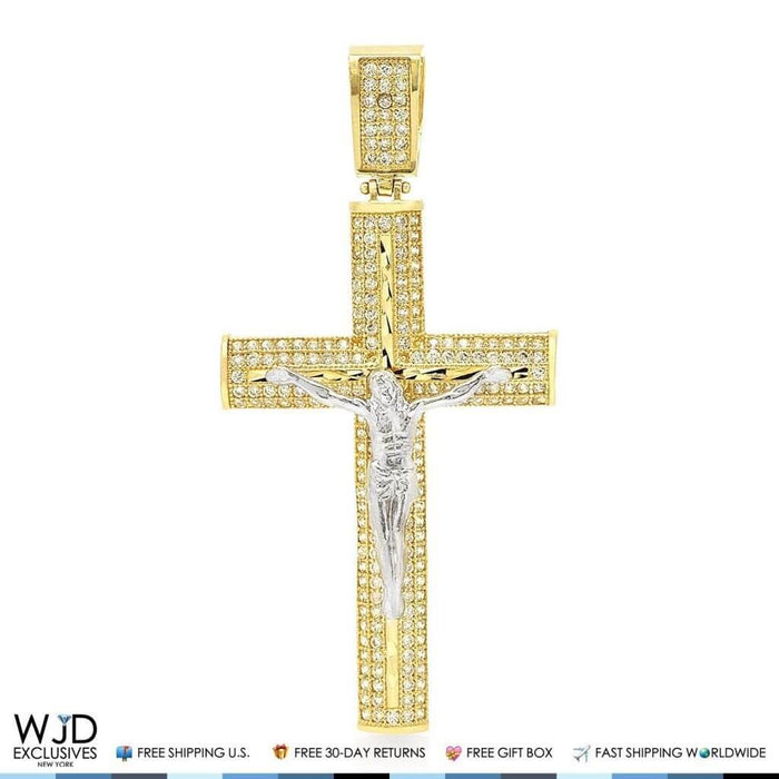 2Ct Created Diamond Jesus Crucifix Cross Charm Pendant Two-Tone Solid 14K Gold