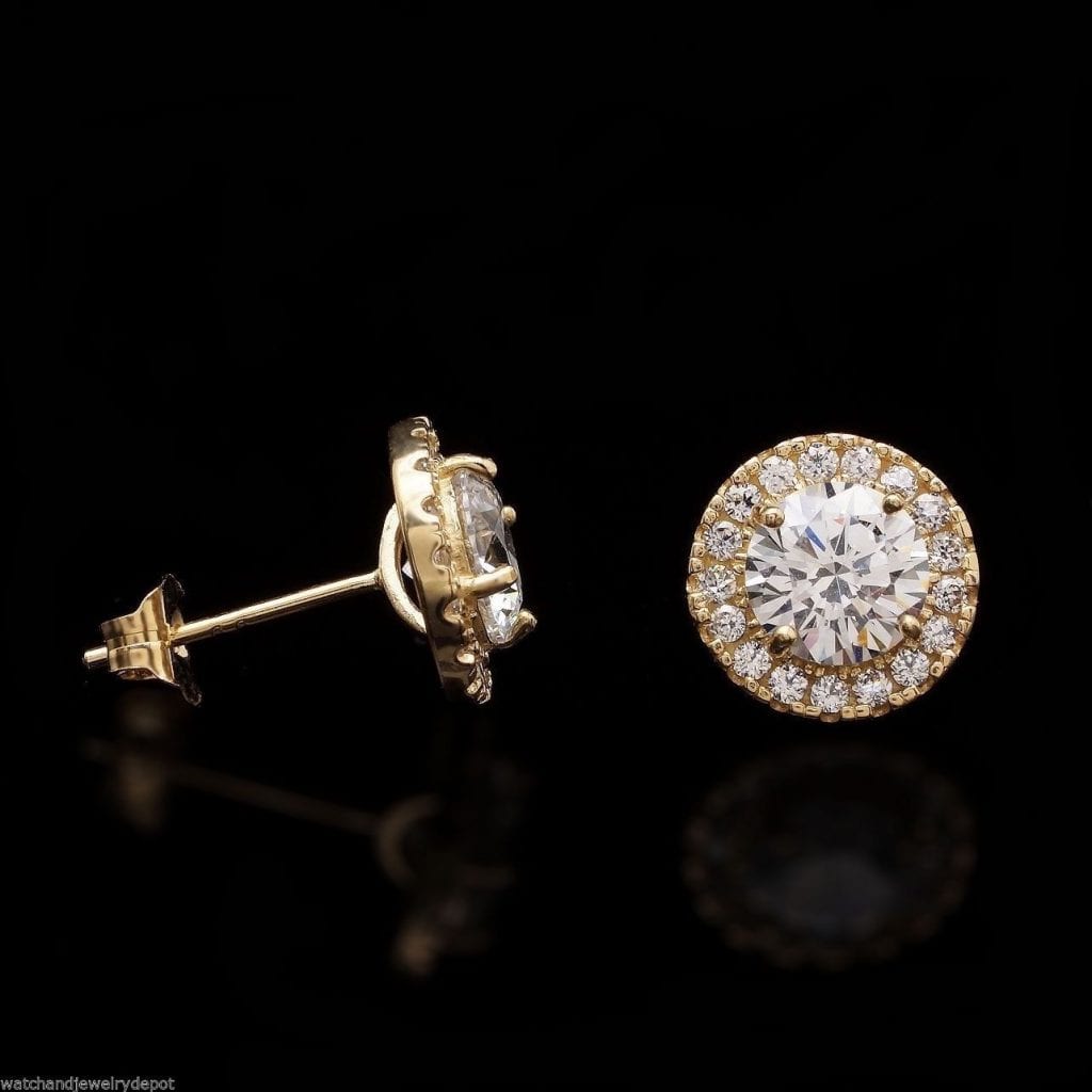 14K Real Gold CZ Halo Cluster Push Back Stud Earrings 9mm