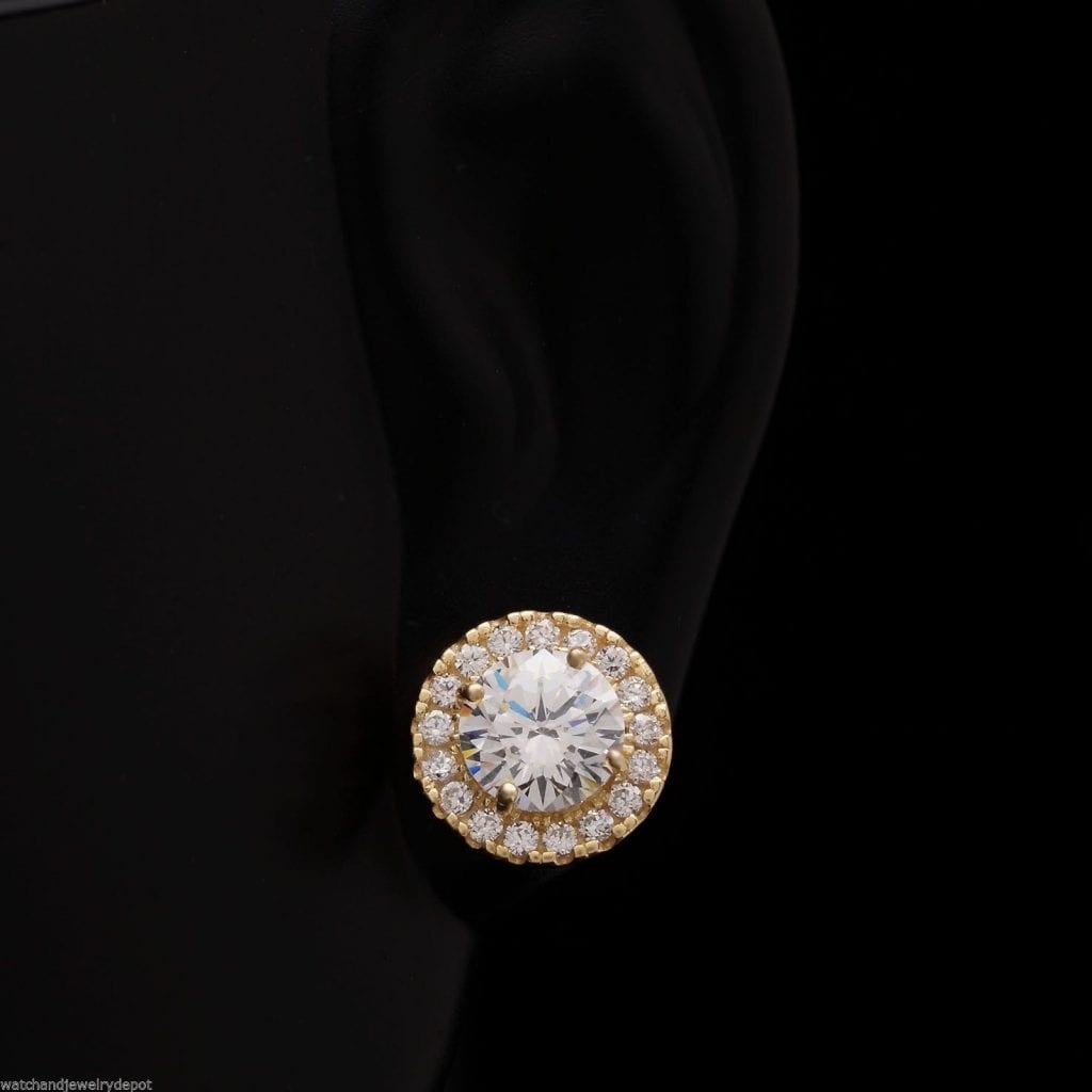 14K Real Gold CZ Halo Cluster Push Back Stud Earrings 9mm