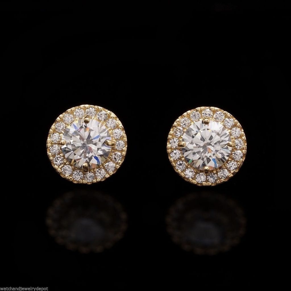 14K Real Gold CZ Halo Cluster Push Back Stud Earrings 9mm