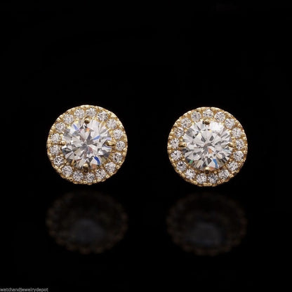 14K Real Gold CZ Halo Cluster Push Back Stud Earrings 9mm