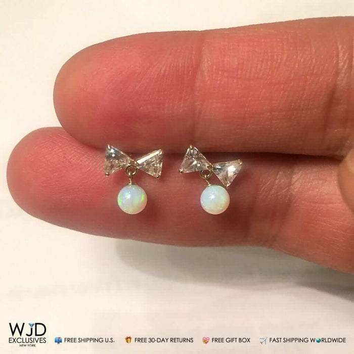 2CTW CZ 14K Yellow Gold White Fire Opal Bow Dangle Earrings