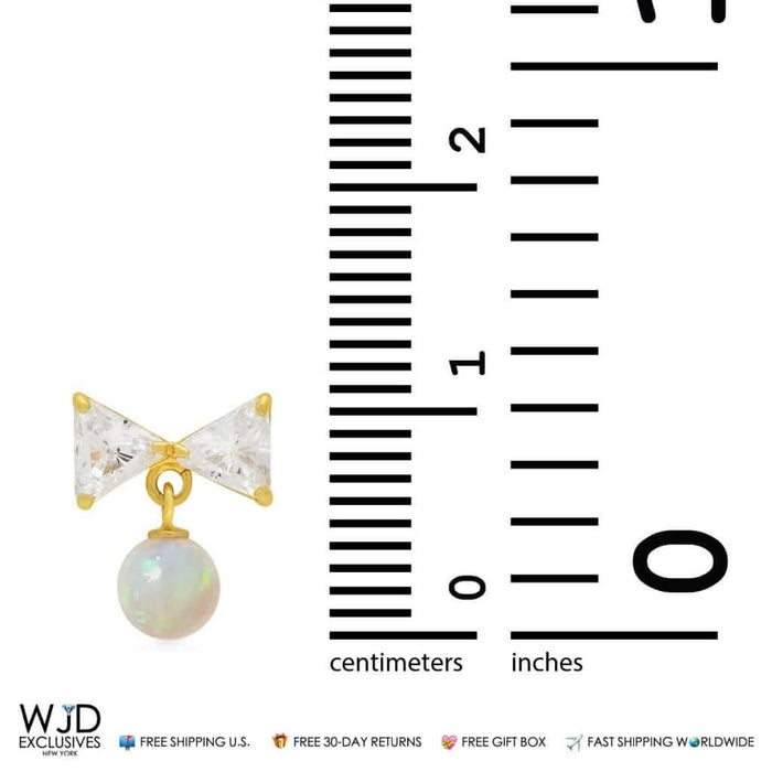 2CTW CZ 14K Yellow Gold White Fire Opal Bow Dangle Earrings