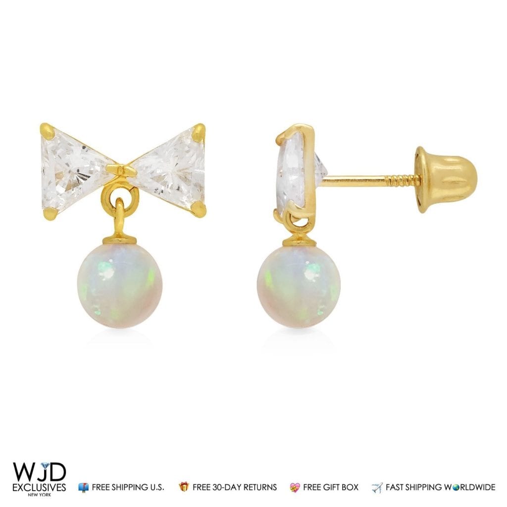 2CTW CZ 14K Yellow Gold White Fire Opal Bow Dangle Earrings