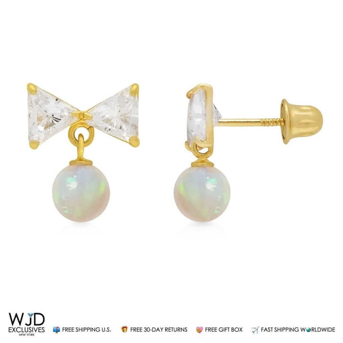 2CTW CZ 14K Yellow Gold White Fire Opal Bow Dangle Earrings