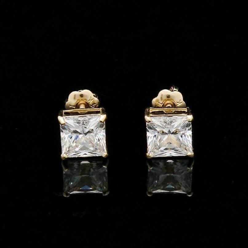 2Ct CZ Princess-Cut 14K Yellow Gold Screw Back Stud Earrings