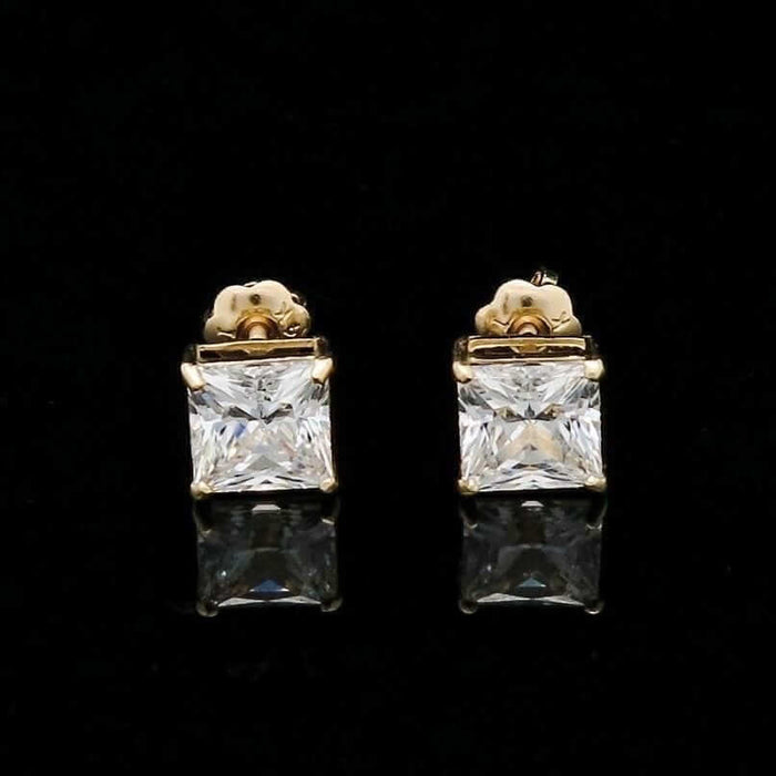 2Ct CZ Princess-Cut 14K Yellow Gold Screw Back Stud Earrings