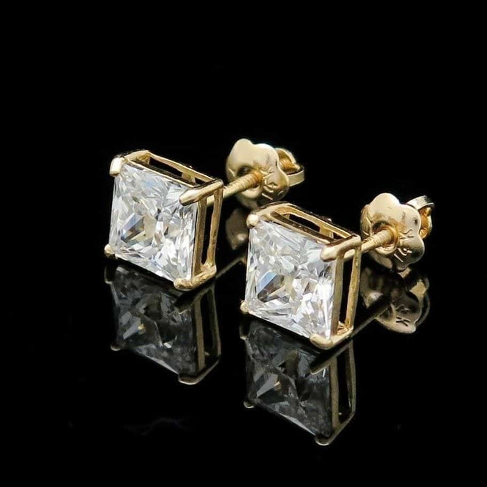 2Ct CZ Princess-Cut 14K Yellow Gold Screw Back Stud Earrings