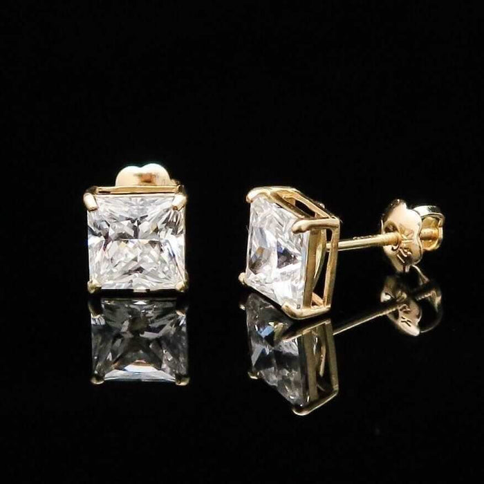 2Ct CZ Princess-Cut 14K Yellow Gold Screw Back Stud Earrings