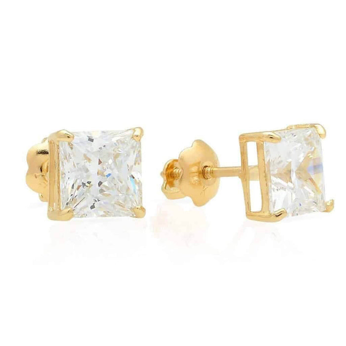 2Ct CZ Princess-Cut 14K Yellow Gold Screw Back Stud Earrings