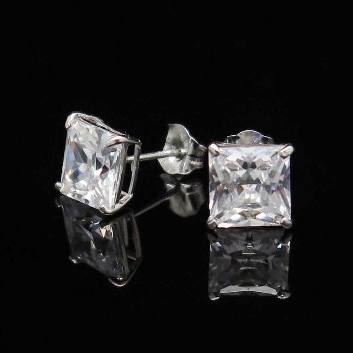 14K White Gold 2CTW CZ Princess-Cut Push Back Stud Earrings