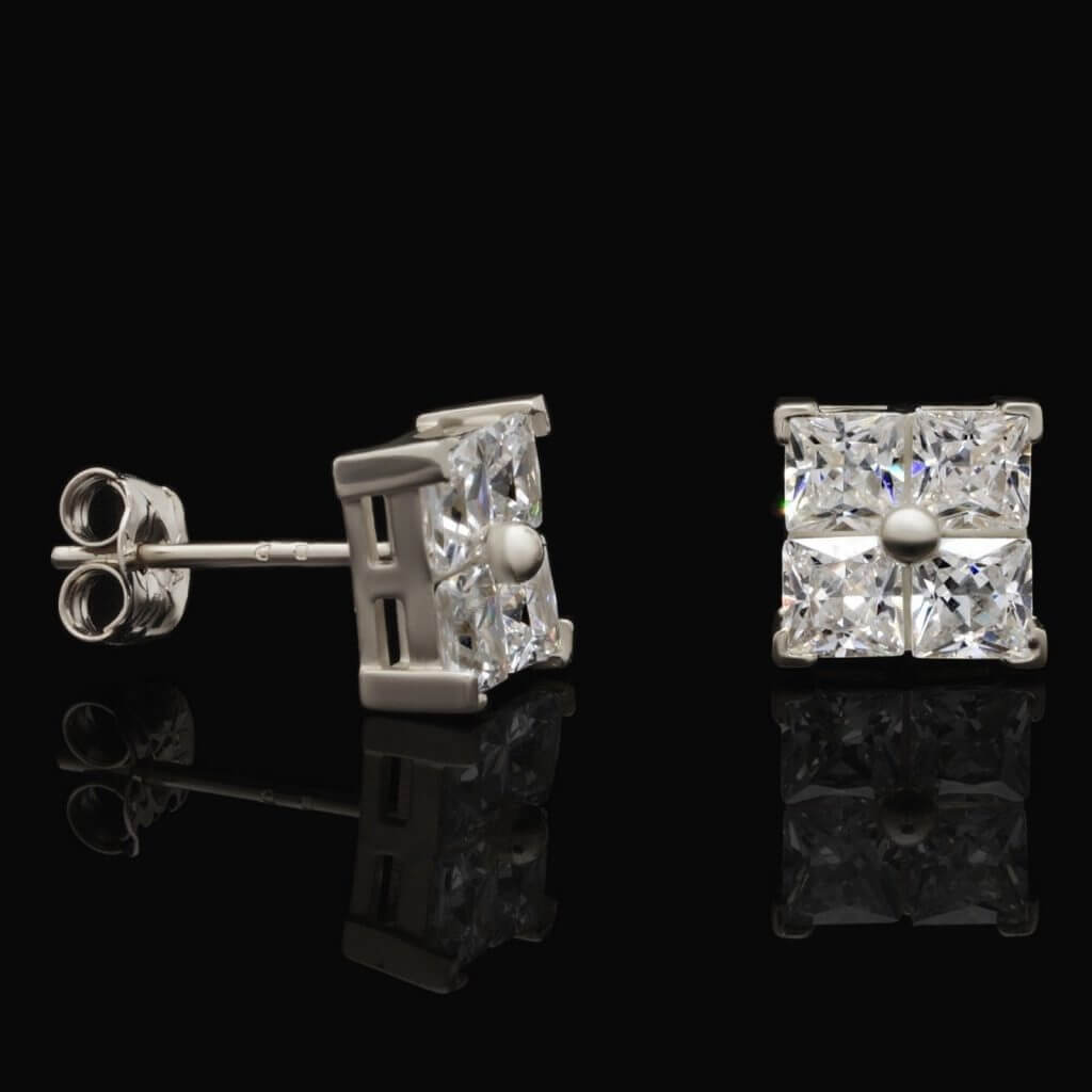 14K White Gold 2Ct Princess CZ Square Stud Earrings 7mm