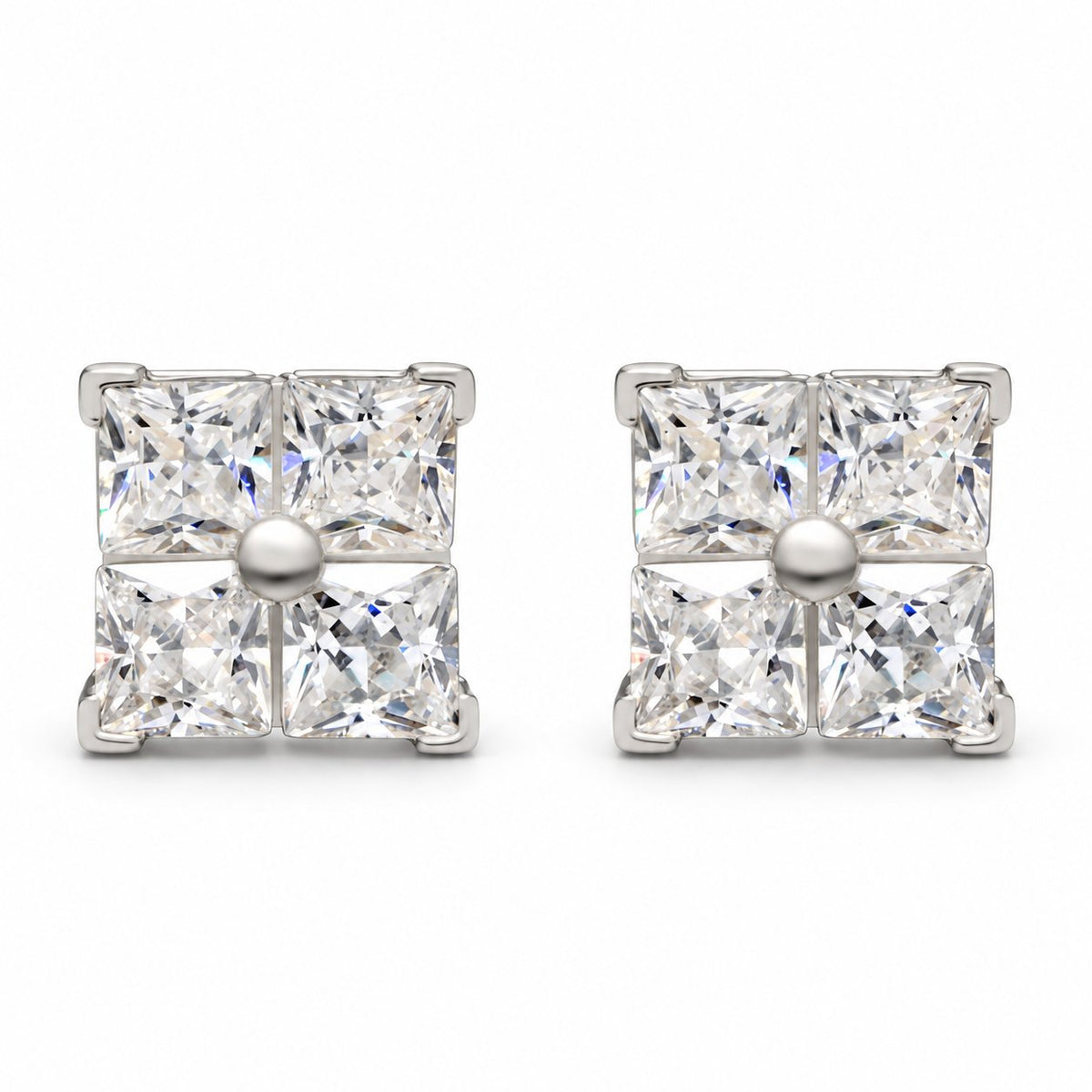 14K White Gold 2Ct Princess CZ Square Stud Earrings 7mm