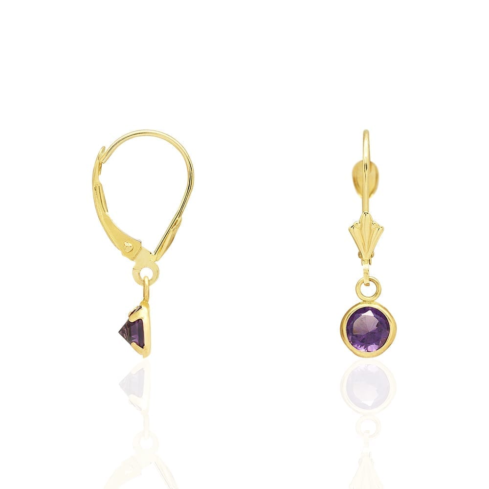 14k Yellow Gold Round Bezel Simulated Birthstone Drop Leverback Earrings