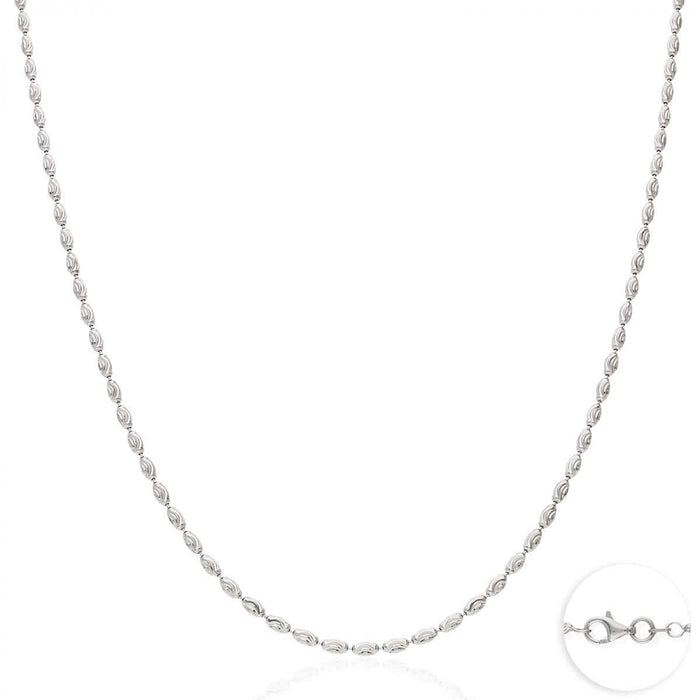 Sterling Silver 2mm-4mm White Half Moon-Cut Oval Barrel Beaded Chain (Solid Links) 18"-26"