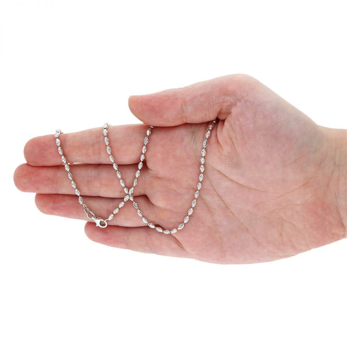 Sterling Silver 2mm-4mm White Half Moon-Cut Oval Barrel Beaded Chain (Solid Links) 18"-26"