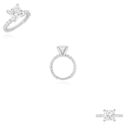 3.04TCW lab-grown diamond engagement ring in 14K white gold, showcasing radiant-cut diamonds and accent stones.