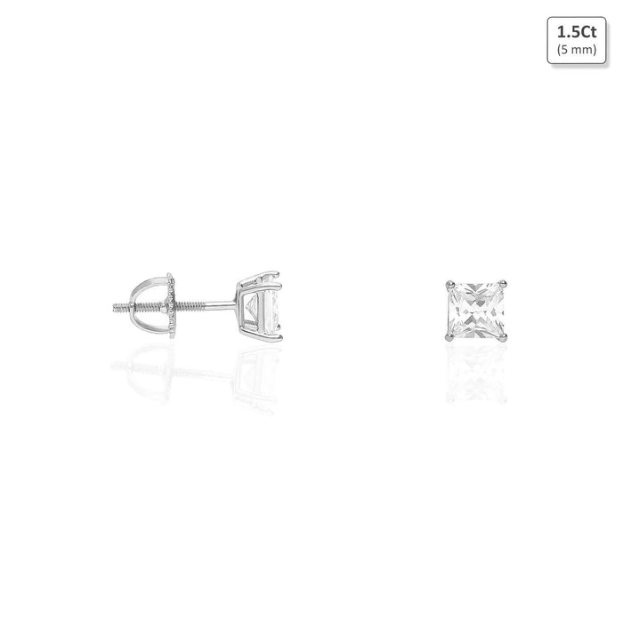 925 Sterling Silver Princess-Cut CZ Solitaire Screw Back Stud Earrings 0.5CT-6CT