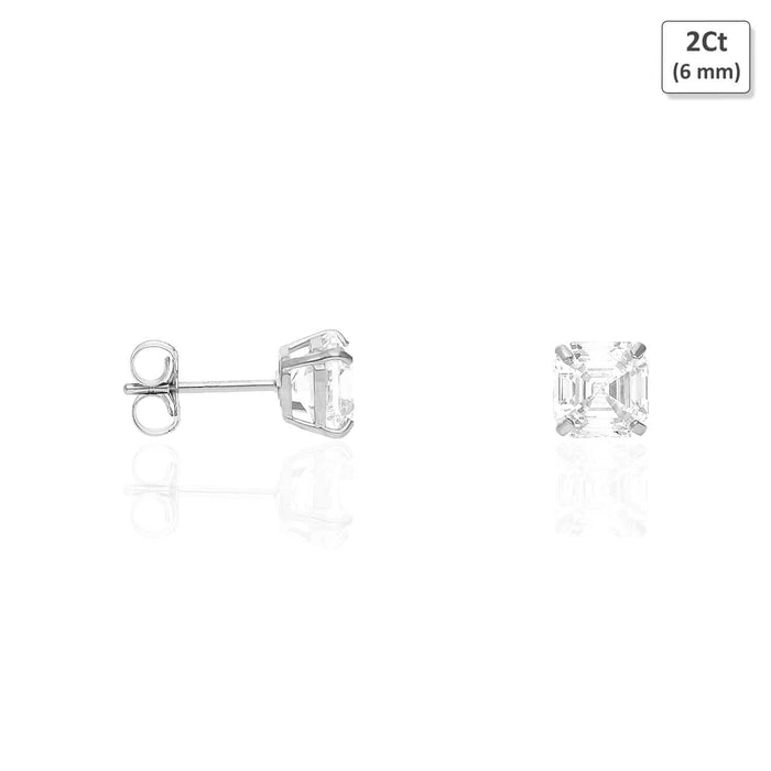 14K White Gold Asscher-Cut CZ Push Back Stud Earrings 1.5Ct-6Ct