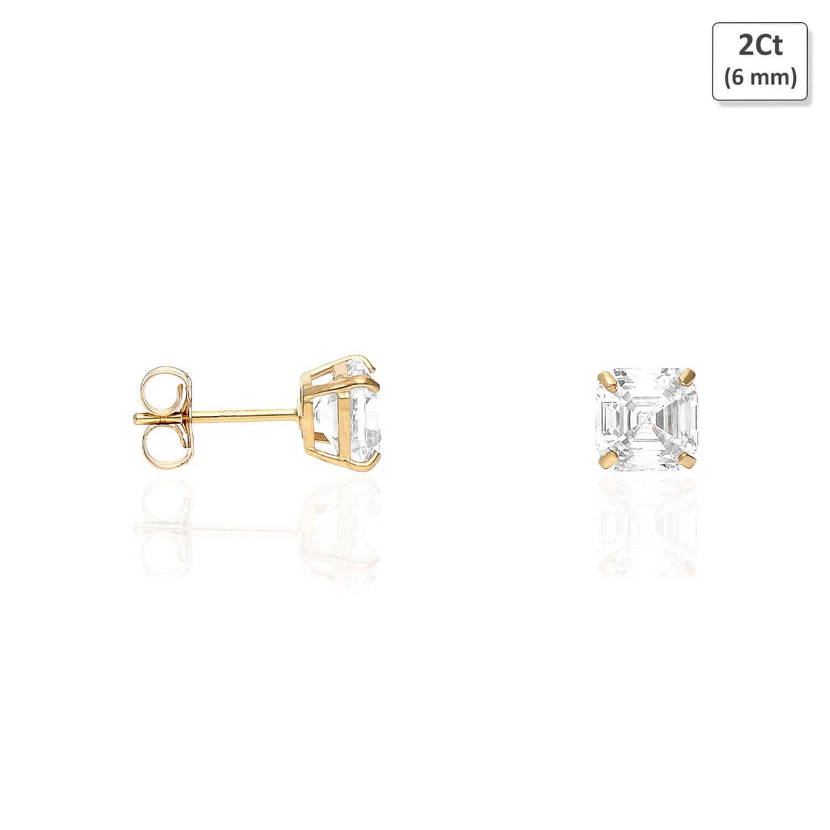 14K Yellow Gold Asscher-Cut CZ Push Back Stud Earrings 1.5Ct-6Ct