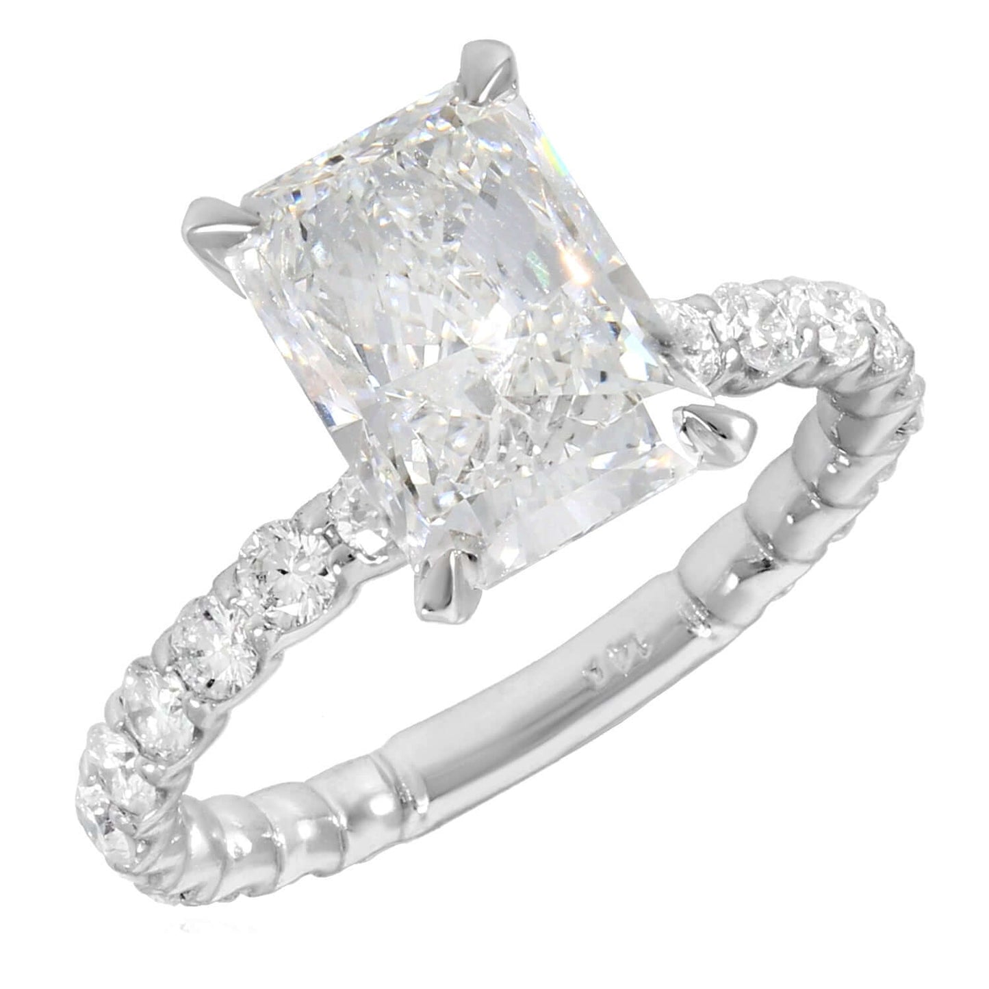 3.90TCW Lab-Grown Radiant-Cut Diamonds 14k White Gold Engagement Ring with shimmering round accent diamonds.