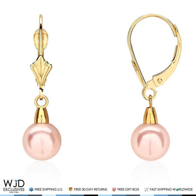 14K Yellow Gold 7mm Pink Pearl Leverback Dangle Earrings
